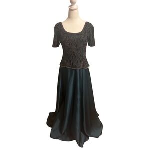 Vintage Stenay Beadead Formal Long Gown Dress Silk Green MOB black tie wedding 8